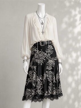 White House Black Market Black and Cream A-Line Lace Hem Skirt